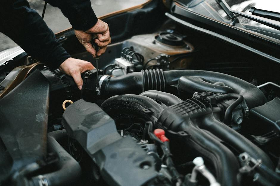 Image of a person inspecting a car engine