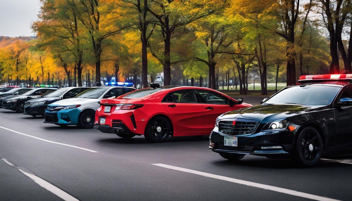 A picture showing different colored cars and a police car in the background, representing the research on car colors and police traffic stops.