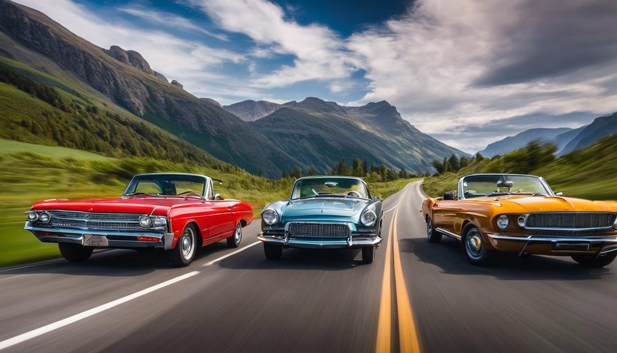 Image of different classic cars driving at a slow pace on a scenic road
