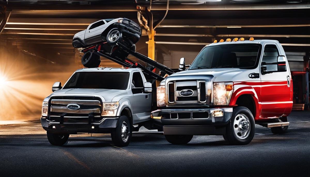 Image of various towing equipment including a trailer hitch, safety chains, tow straps, towing mirrors, brake controllers, wiring and lighting kits, weight distribution system, hitch lock, and a towing dolly or flatbed.
