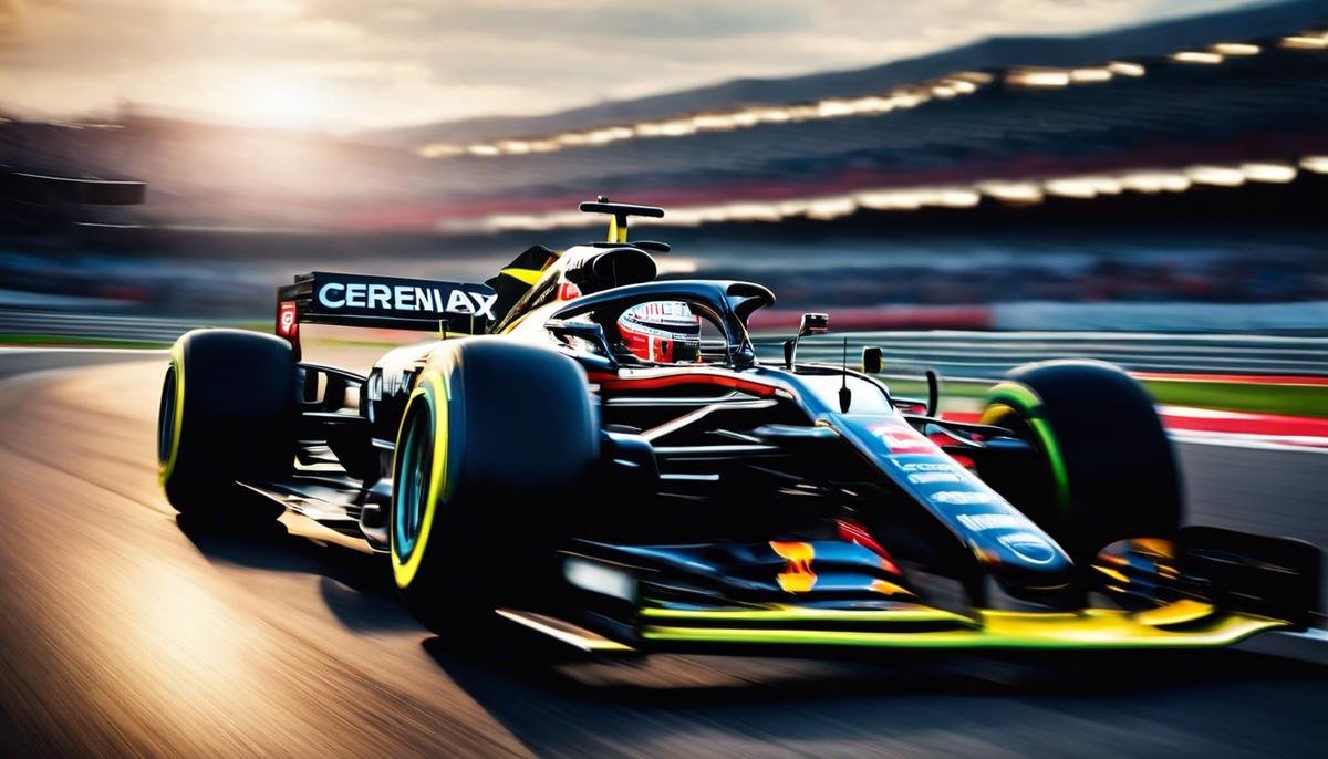 Image Description: A close-up shot of a Formula 1 car speeding on a race track.