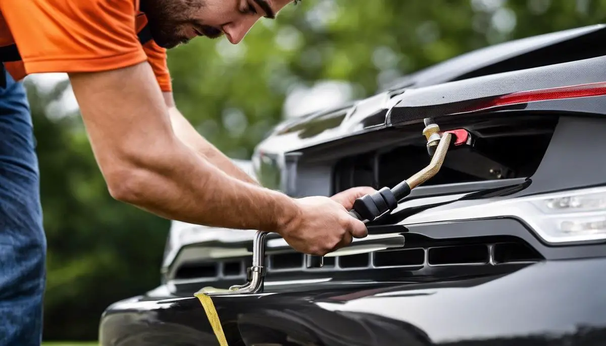 A person attaching a trailer hitch to a tow vehicle. The image demonstrates the importance of ensuring the essentials are checked when towing.