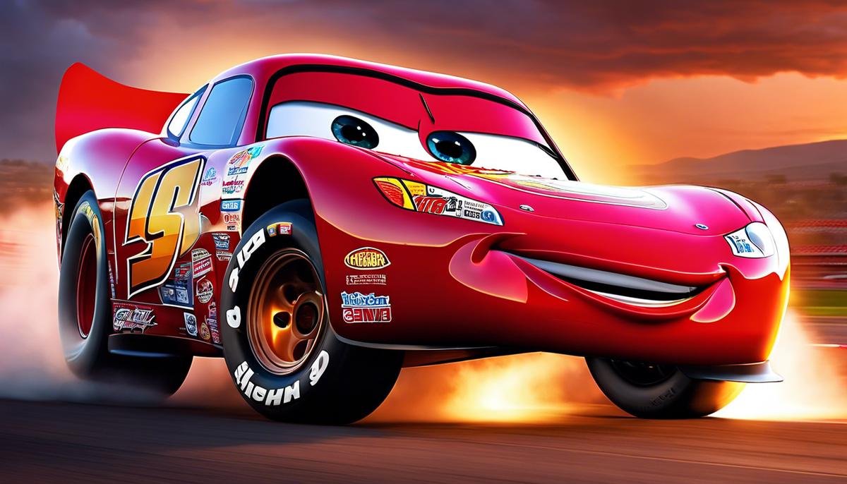 An image of Lightning McQueen, a sleek red race car with a number 95 on its doors and roof. The car has human-like eyes and an expressive grin, along with Rust-Eze bumper ointment sponsor stickers and lightning bolt detailing.